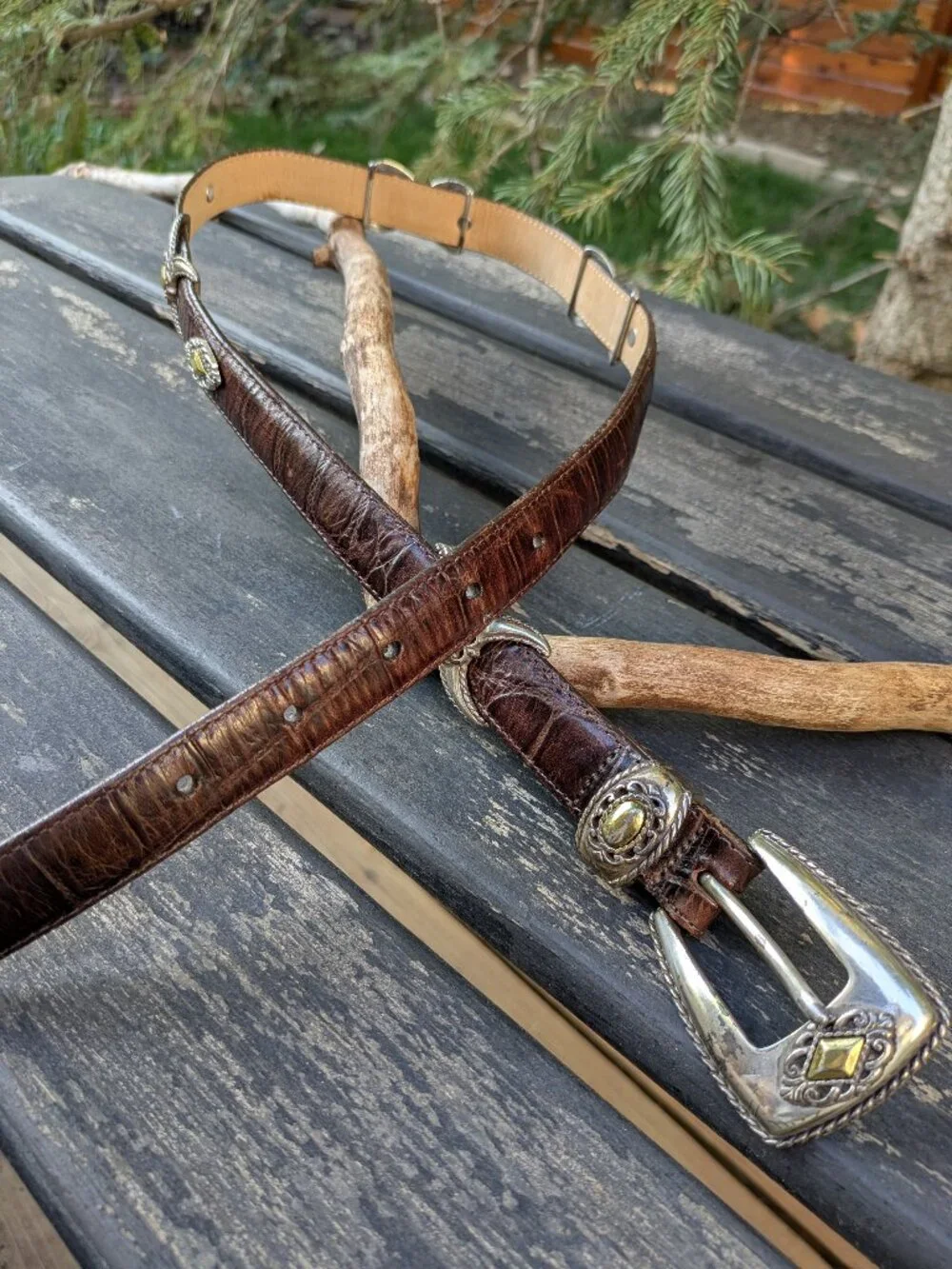 VTG Brighton Two-Tone Croc Leather Ranger Belt M30 Gold/Silver Western.